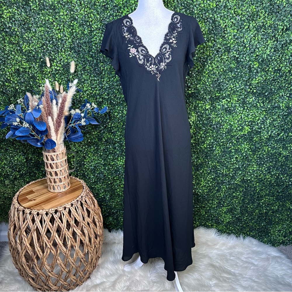 Oscar de la renta black maxi‎ ruffle cap sleeve dress floral embroidered